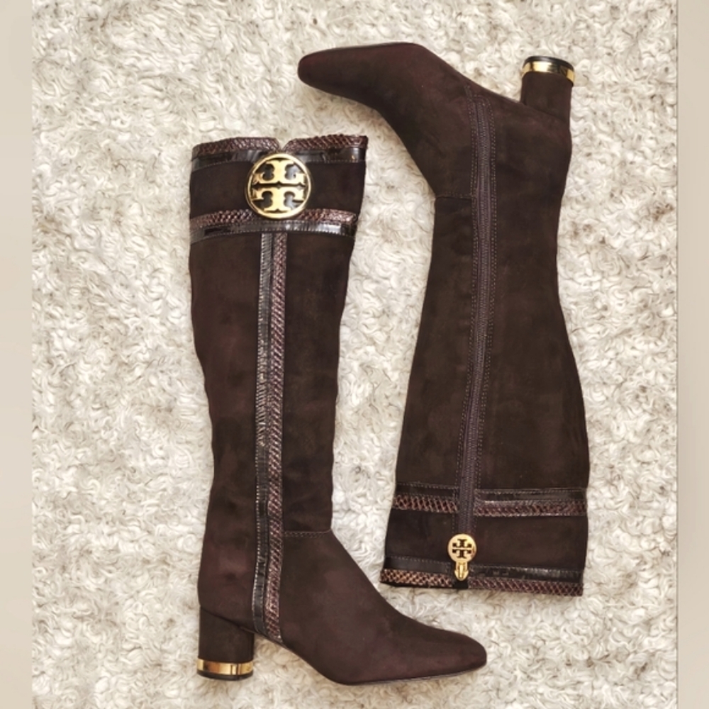 Tory Burch Sabina boots trimmed in patent leather & snake skin